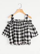 Shein Cold Shoulder Gingham Frill Trim Dip Hem Top