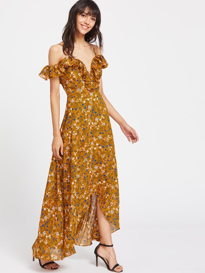 Shein Frill Cold Shoulder Calico Print Plunge Wrap Dress