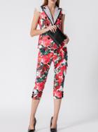 Shein Red V Neck Rose Print Top With Pants