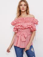 Shein Self Tie Exaggerated Frill Bardot Neck Gingham Top