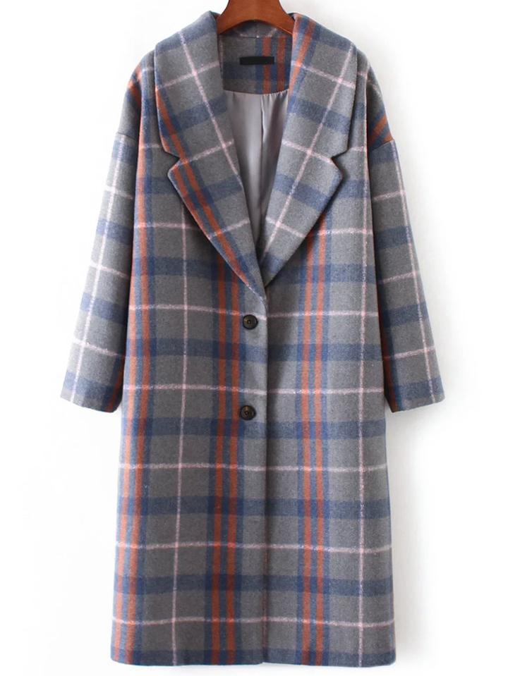 Shein Grey Plaid Lapel Single Breasted Coat