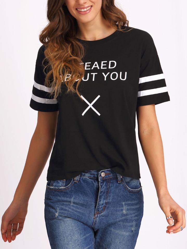 Shein Black Striped Trim Letters Print T-shirt