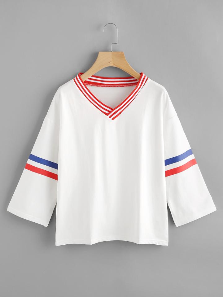 Shein Contrast Striped Trim Drop Shoulder Tee