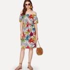 Shein Bardot Leaves Print Self Tie Dress