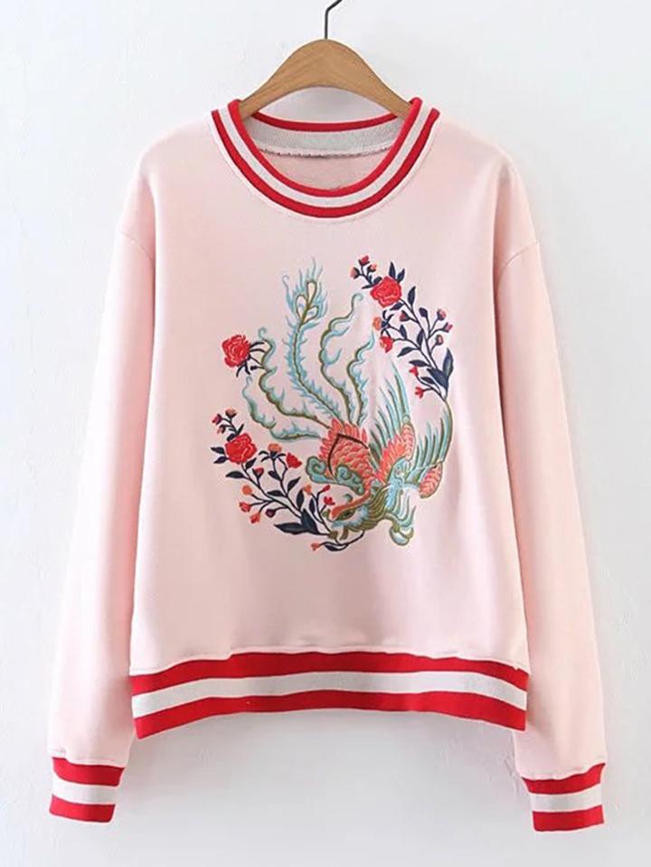 Shein Phoenix Embroidery Striped Trim Sweatshirt