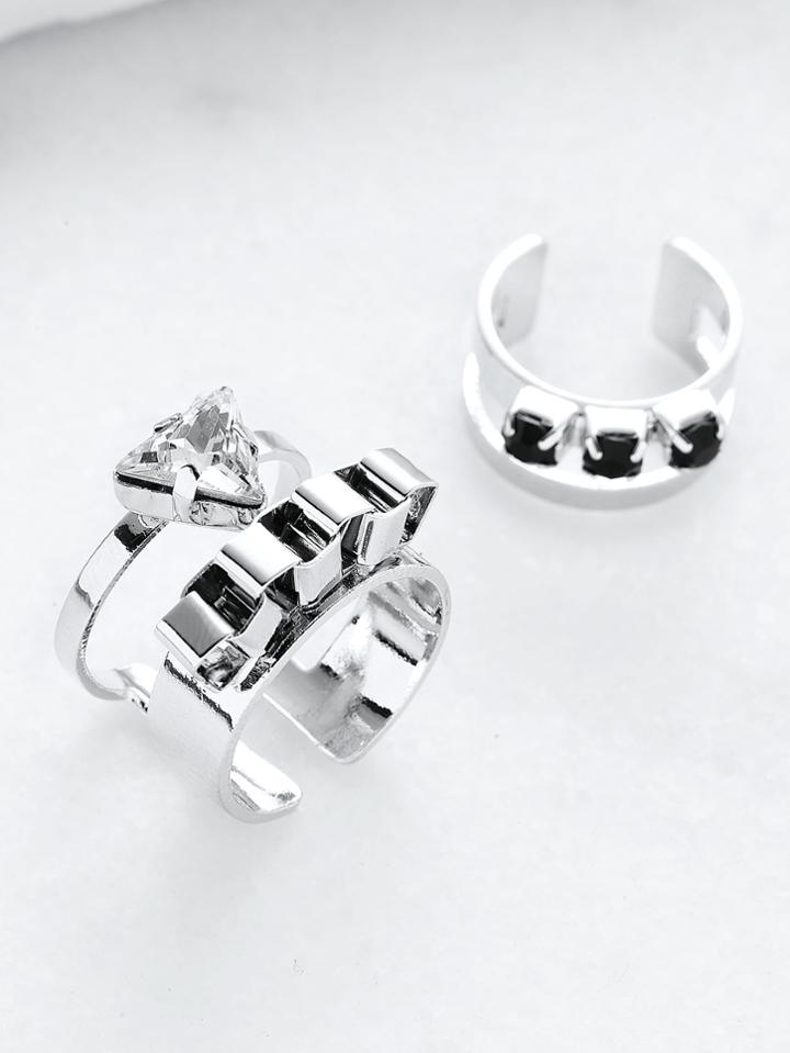 Shein Silver Rhinestone Hollow Out Cuff Ring Set