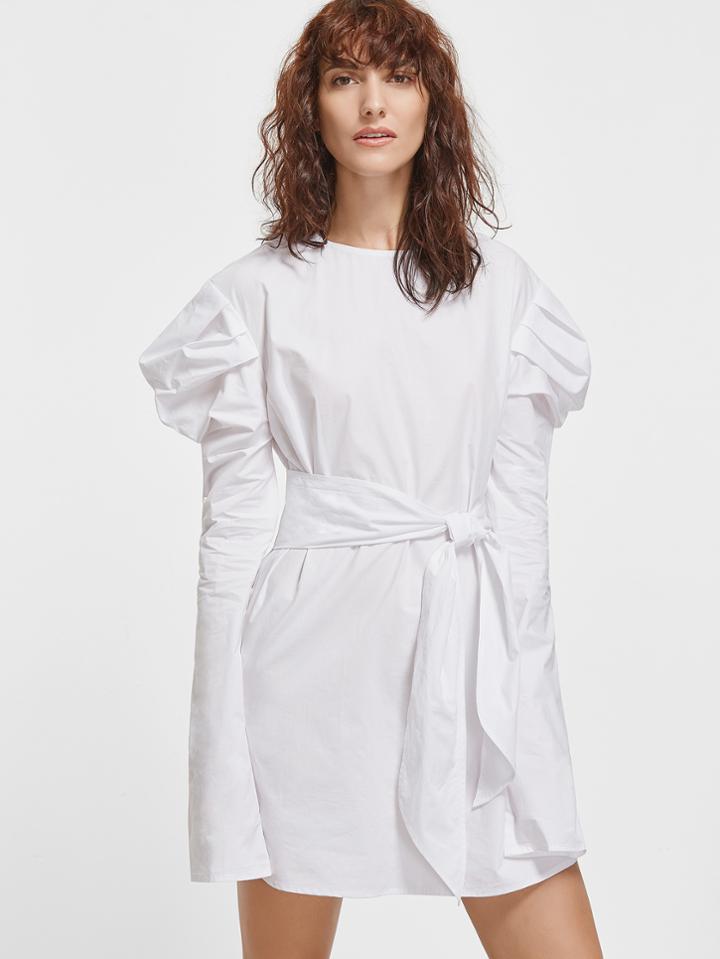 Shein White Keyhole Back Self Belt Puff Sleeve Dress