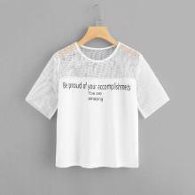 Shein Fishnet Panel Slogan Print Tee