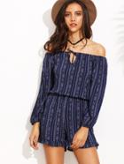 Shein Blue Off The Shoulder Print Ruffle Hem Romper