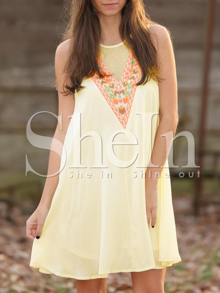 Shein Beige Embroidery Keyhole Back Shift Dress