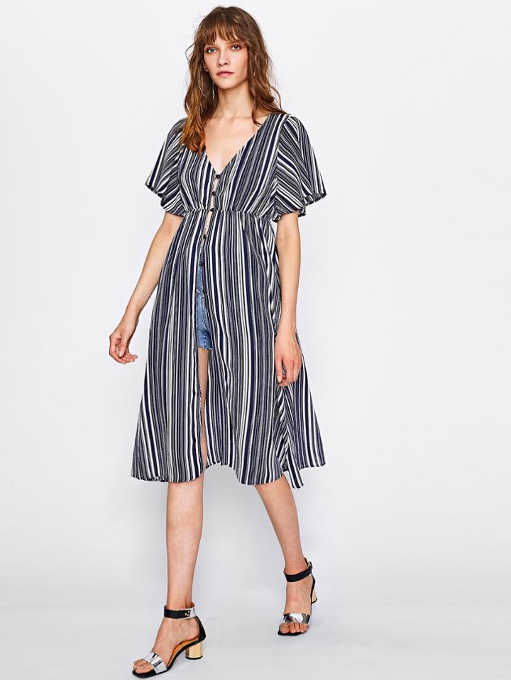 Shein Barcode Stripe Plunge Neckline Button Front Blouse