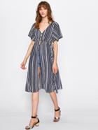 Shein Barcode Stripe Plunge Neckline Button Front Blouse