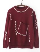 Shein Burgundy Round Neck Lace Up Pocket Sweater