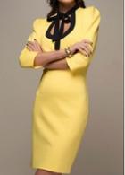 Rosewe Puff Sleeve Bowtie Embellished Yellow Dress
