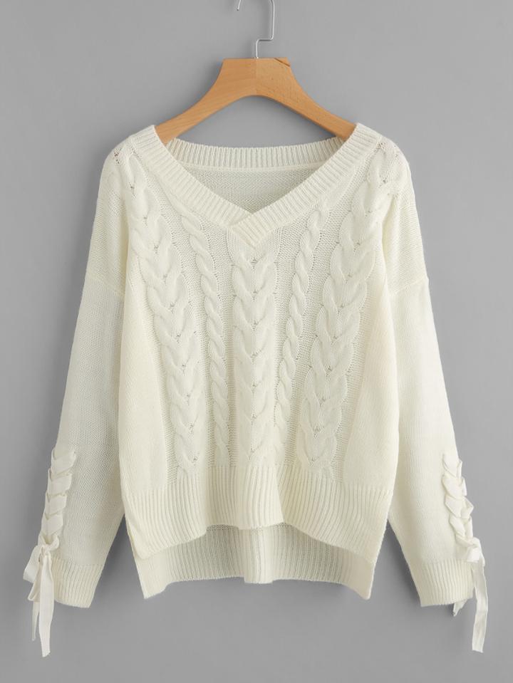 Shein Lace Up Sleeve Dip Hem Sweater