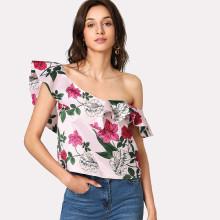 Shein Flounce Asymmetric Shoulder Botanical Top