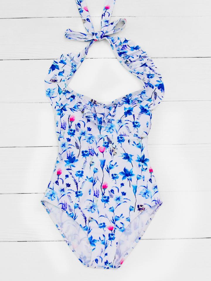 Shein Calico Print Ruffle Trim Halter Swimsuit