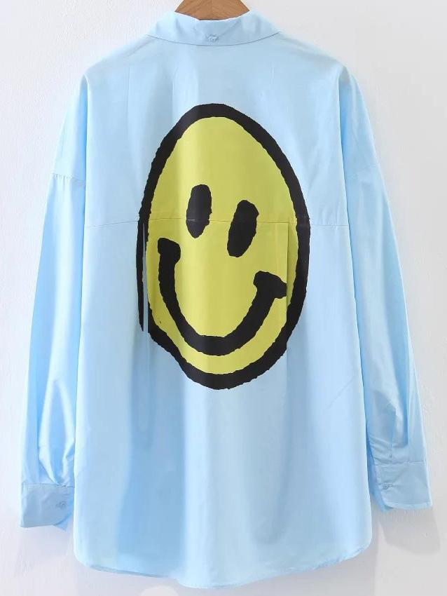 Shein Blue Smile Face Print Blouse With Pocket