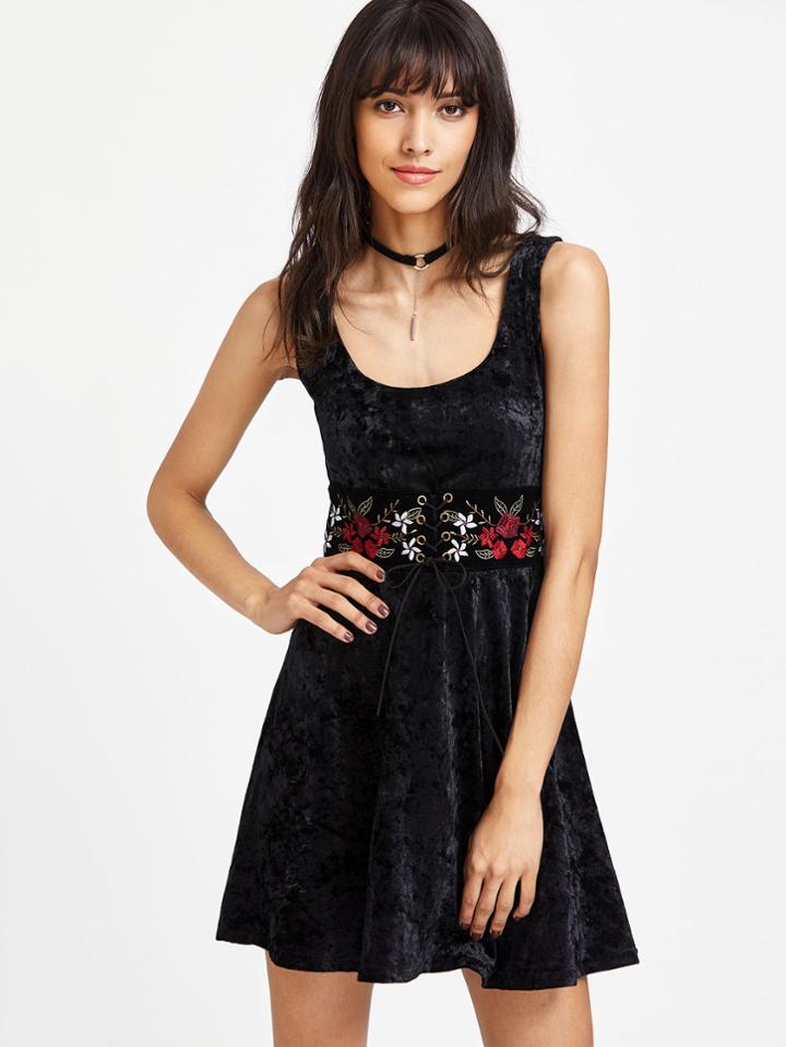 Shein Scoop Neck Eyelet Lace Up Waist Velvet Dress