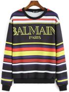 Shein Multicolor Round Neck Striped Letters Print Sweatshirt