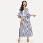 Shein Self Tie Waist Flounce Sleeve Striped Dress