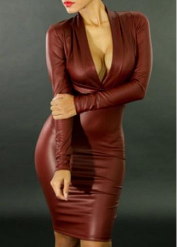 Rosewe Long Sleeve V Neck Red Pu Dress