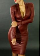 Rosewe Long Sleeve V Neck Red Pu Dress