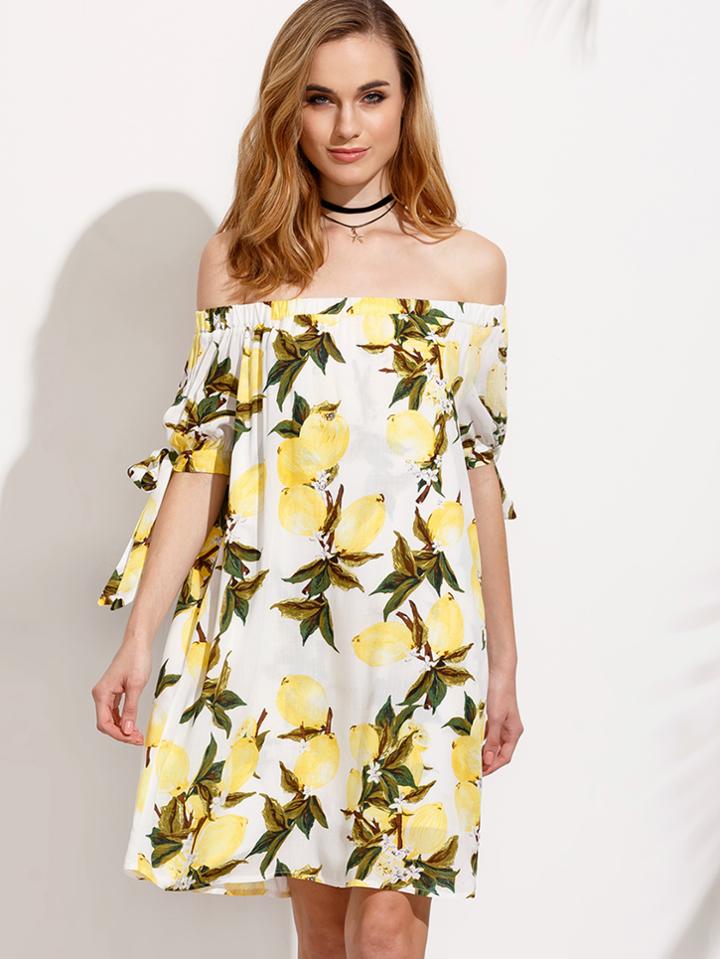 Shein White Lemon Print Tie Sleeve Off The Shoulder Dress