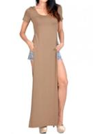 Rosewe Laconic Slit Design Round Neck Short Sleeve Dress