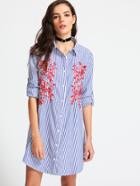 Shein Blue Striped Embroidered Shirt Dress