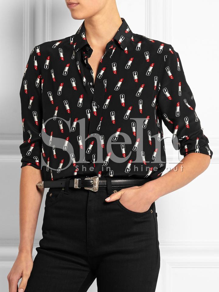 Shein Black Long Sleeve Lipstick Print Blouse