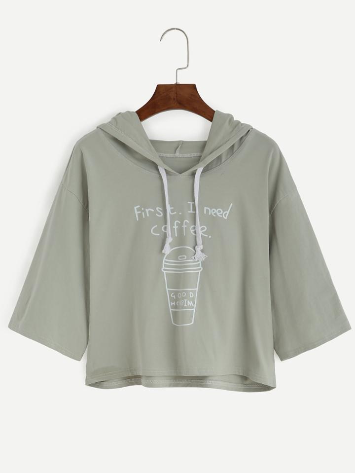 Shein Coffee Cup Slogan Print Drawstring Hooded Tee