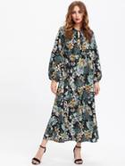 Shein Lace Up Front Floral Print Maxi Dress