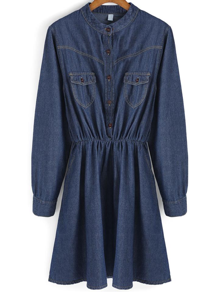 Shein Blue Stand Collar Buttons Denim Dress