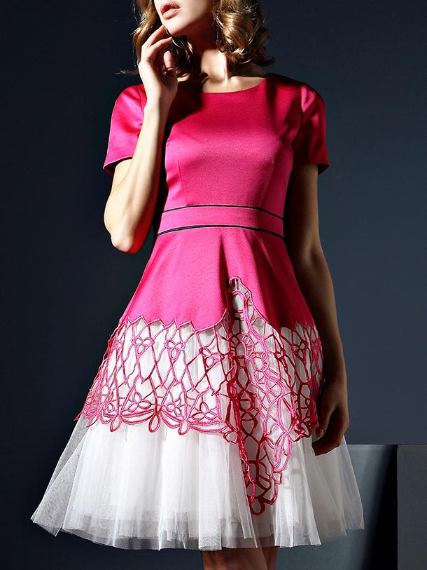 Shein Rose Red Round Neck Short Sleeve Contrast Gauze Dress