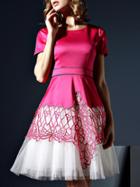 Shein Rose Red Round Neck Short Sleeve Contrast Gauze Dress