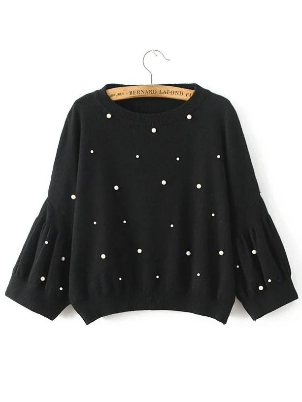 Shein Black Puff Sleeve Ribbed Trim Beaded Sweater