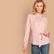 Shein Frilled Neckline Keyhole Back Belted Top