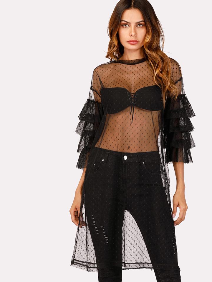 Shein Tiered Ruffle Sleeve Dotted Mesh Dress