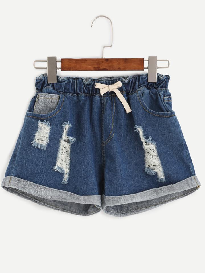 Shein Blue Ripped Drawstring Ruffle Waist Cuffed Denim Shorts