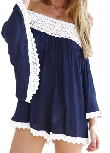 Rosewe Off The Shoulder Navy Blue Lace Patchwork Loose Romper