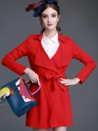 Shein Red Lapel Long Sleeve Tie-waist Embroidered Coat