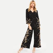 Shein Flower & Polka Dot Print V-neck Jumpsuit