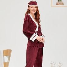 Shein Contrast Side Wrap Velvet Pj Set With Eye Mask