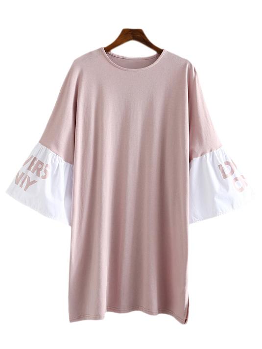 Shein Pink Letters Printed Bell Sleeve Dress
