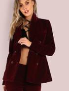Shein Double Breasted Tailored Velvet Blazer Burgundy
