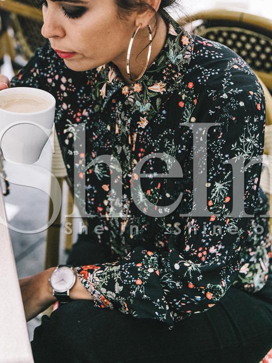 Shein Black Lapel Floral Print Blouse