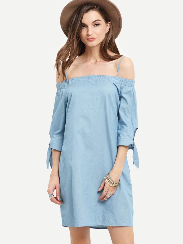 Shein Denim Blue Cold Shoulder Tie Cuff Dress