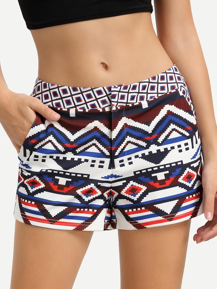 Shein Multicolor Print Pocket Casual Shorts