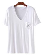 Shein White V Neck Coffee Mug Print Pocket T-shirt